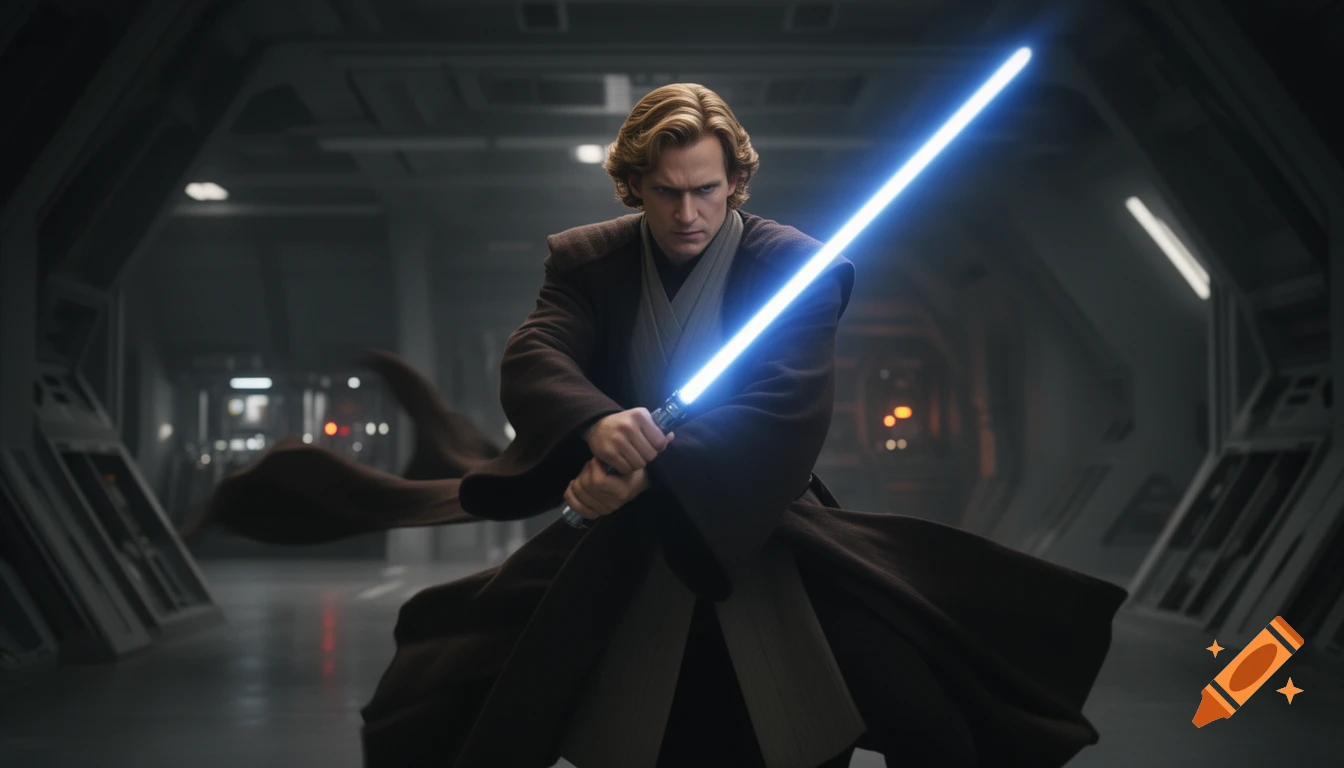 A man resembling Anakin Skywalker in Jedi robes holds a glowing blue lightsaber in a combat stance within a futuristic corridor.