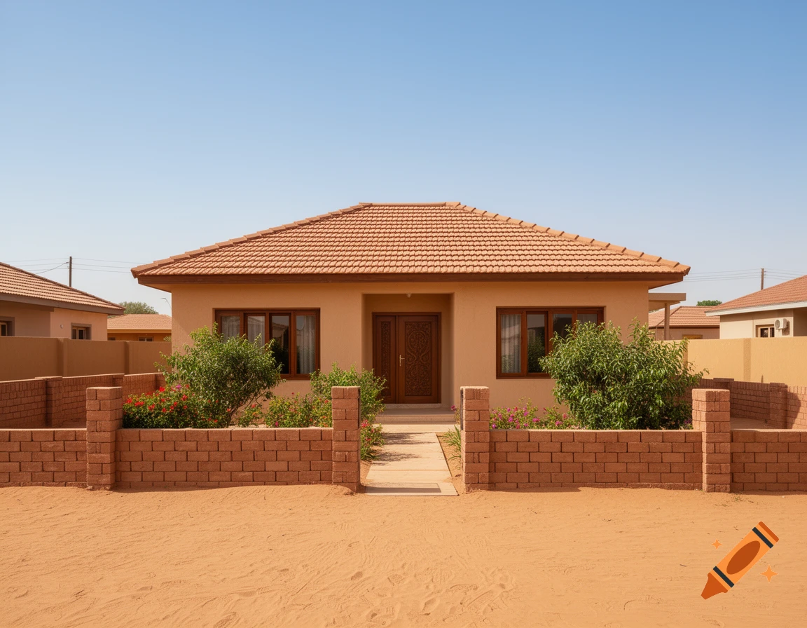 Photorealistic image of a single-story house with a tiled roof and a brick fence, surrounded by sandy ground under a clear blue sky.