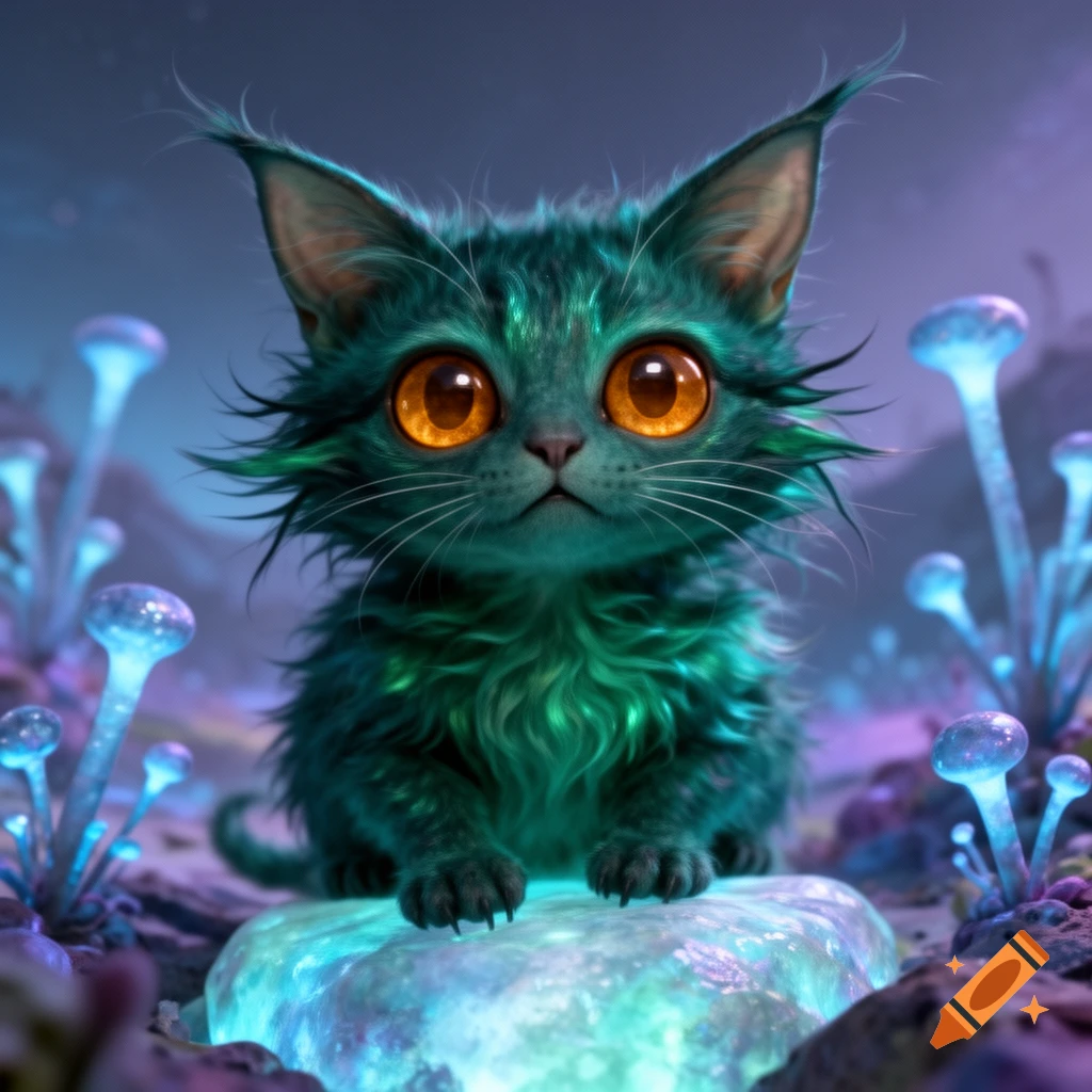A cute, teal, furry alien creature with big orange eyes sits on a glowing crystal, surrounded by bioluminescent mushrooms.