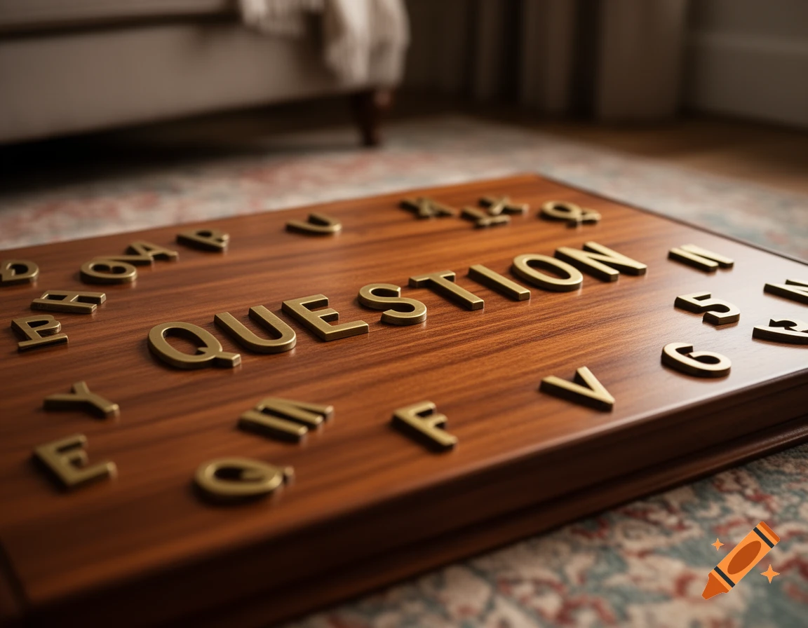 Photorealistic image of a wooden board with golden letter tiles spelling 'QUESTION' in the center, on a patterned rug.