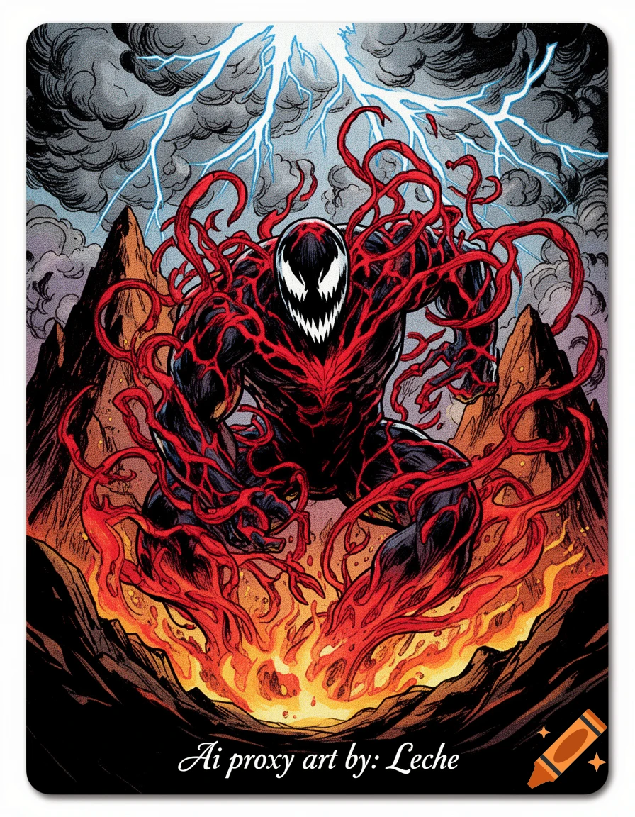 Comic art of the Marvel character Carnage, with black and red symbiote, standing amidst fire, lightning, and stormy mountains.