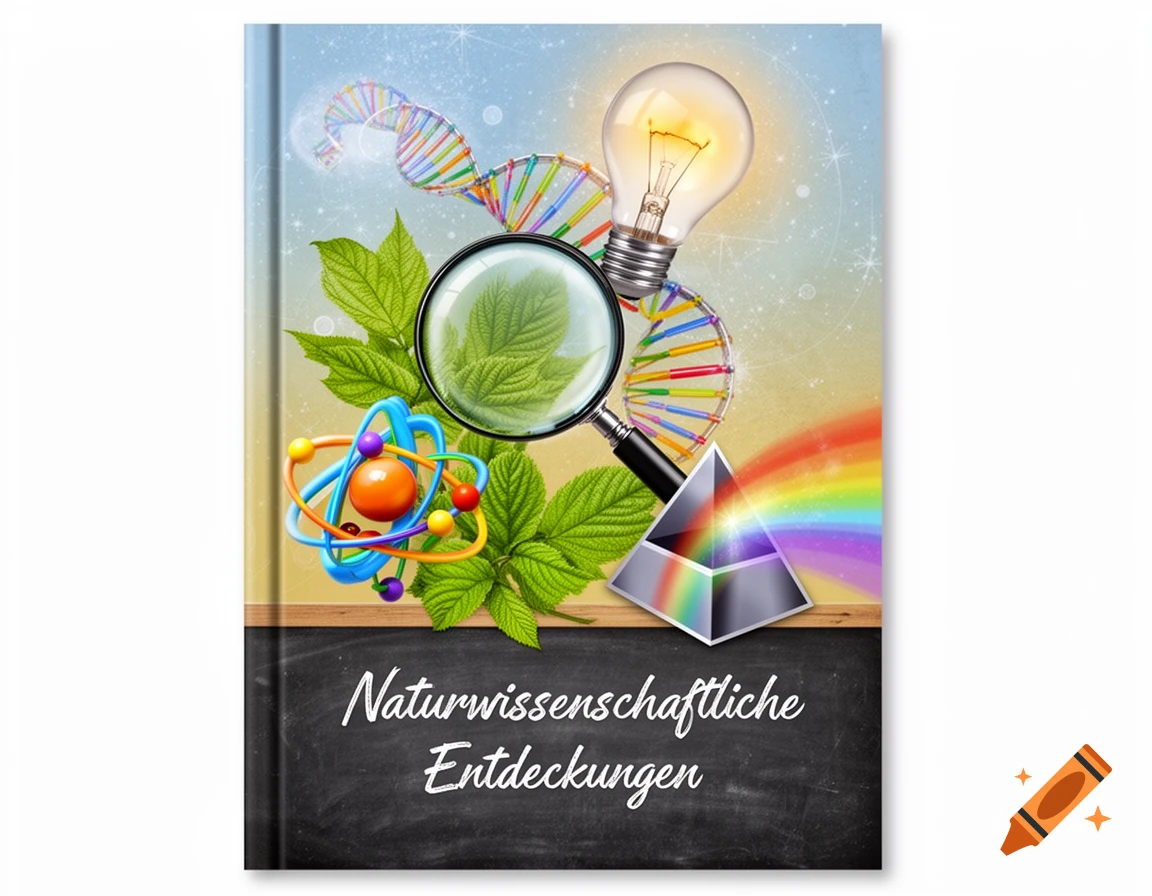 A colorful illustrated book cover template with scientific symbols including DNA, a lightbulb, and an atom, above 'Naturwissenschaftliche Entdeckungen' on a chalkboard.