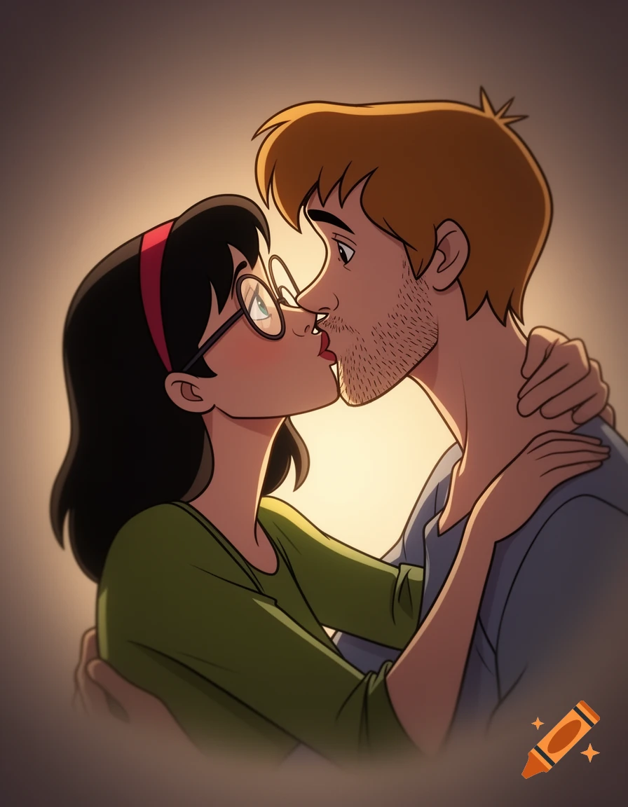 A cartoon woman with black hair and glasses kisses a bearded man with brown hair, rendered in a warm, intimate light.