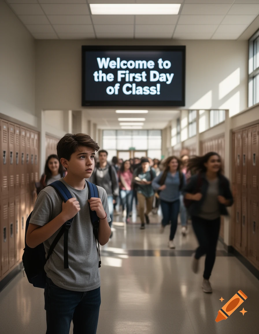 A nervous male student with a backpack in a school hallway, with a sign reading 'Welcome to the First Day of Class!' overhead.
