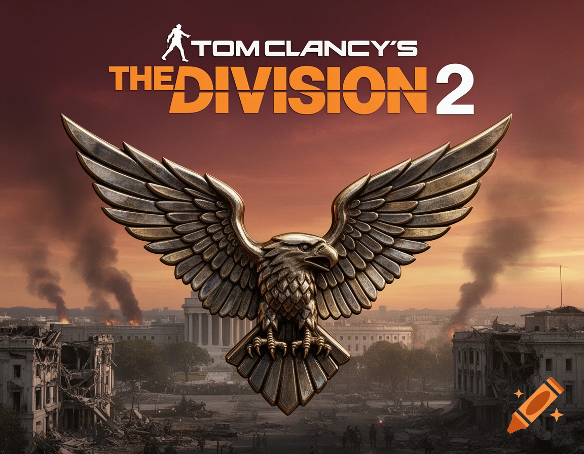 The Division 2 game art: a bronze eagle soaring over a ruined Washington D.C. under a smoky red sky.