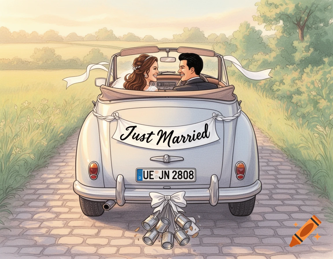 Illustration of a newly married couple driving away in a vintage convertible with a 'Just Married' sign and cans trailing behind.