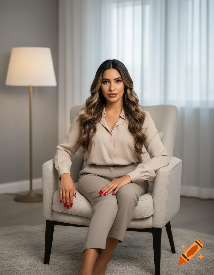 A photorealistic portrait of a woman with long wavy brown hair, wearing a beige outfit and red nail polish, sitting in an armchair.