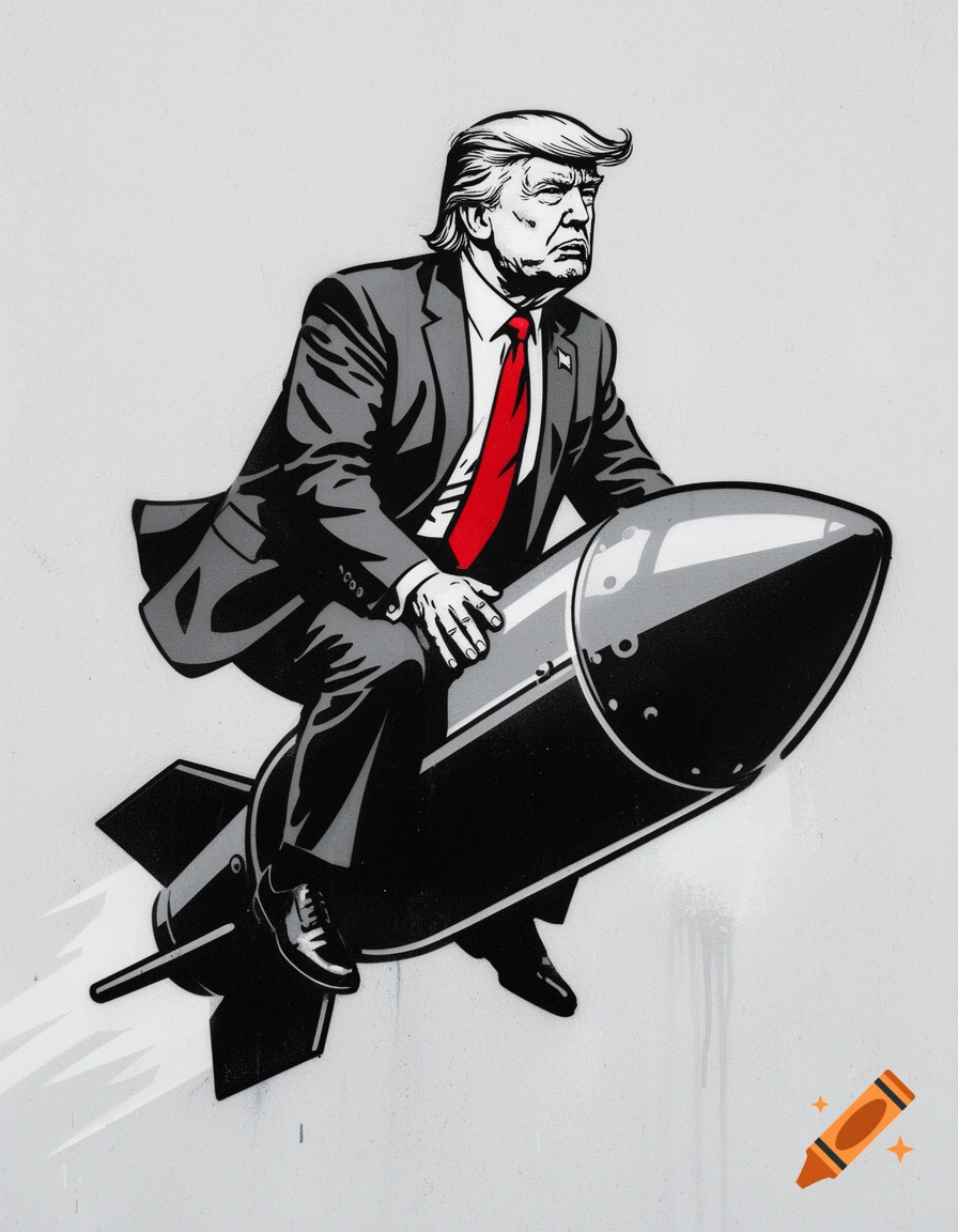 Stylized stencil art of Donald Trump in a suit riding an atomic bomb with a red tie, on a grey background.