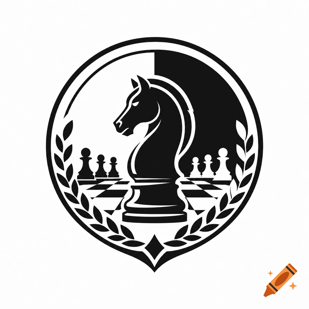Black and white logo of a chess knight, pawns, chessboard, and laurel wreath in a circular shield shape.