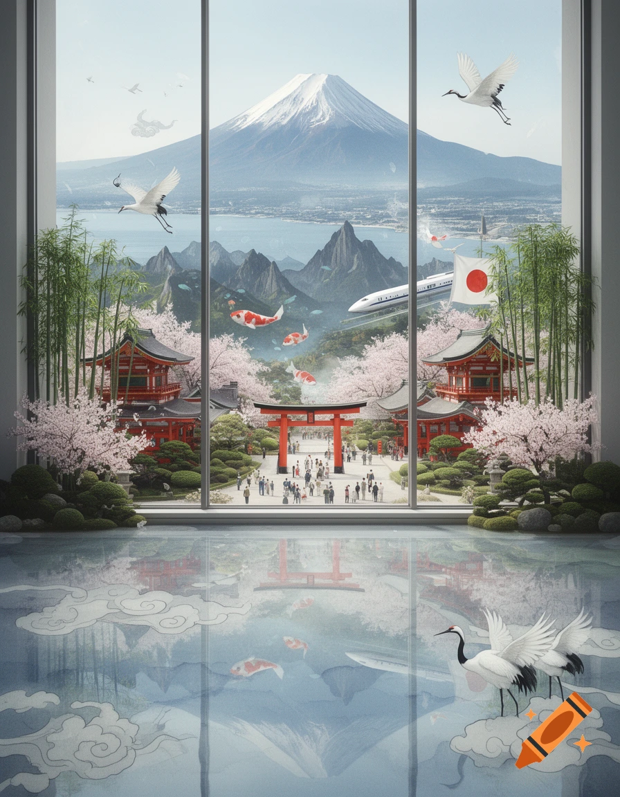 A dreamlike view of a Japanese landscape through a large window, featuring Mount Fuji, red temples, cherry blossoms, cranes, koi, and a bullet train, reflected on a stylized floor.