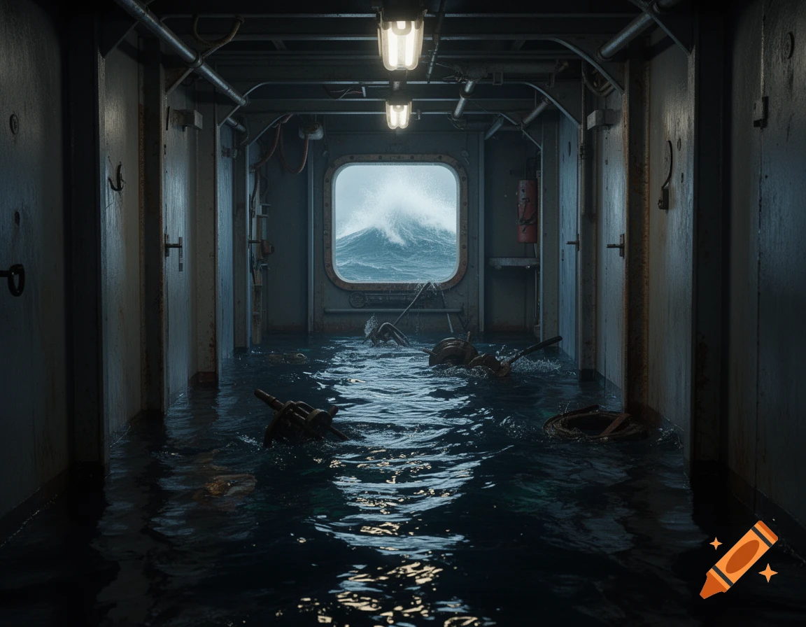 Photorealistic scene of a dark, flooded ship corridor, with lamps reflecting on the water, a porthole reveals a massive stormy ocean wave.