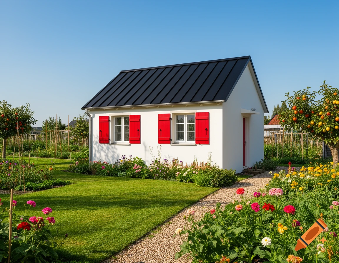 A small white house with red shutters and a black roof stands in a vibrant garden with a green lawn and colorful flowers under a clear blue sky.