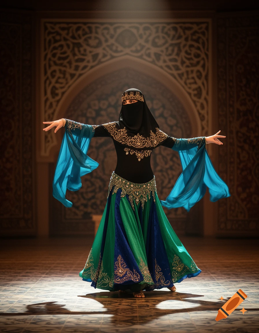 A woman in a black niqab and ornate green and blue belly dance costume performs on a patterned floor in a decorated room.