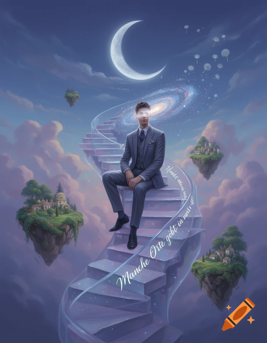 A man in a suit sits on a spiral staircase in a surreal sky with floating islands and a galaxy emerging from his head.