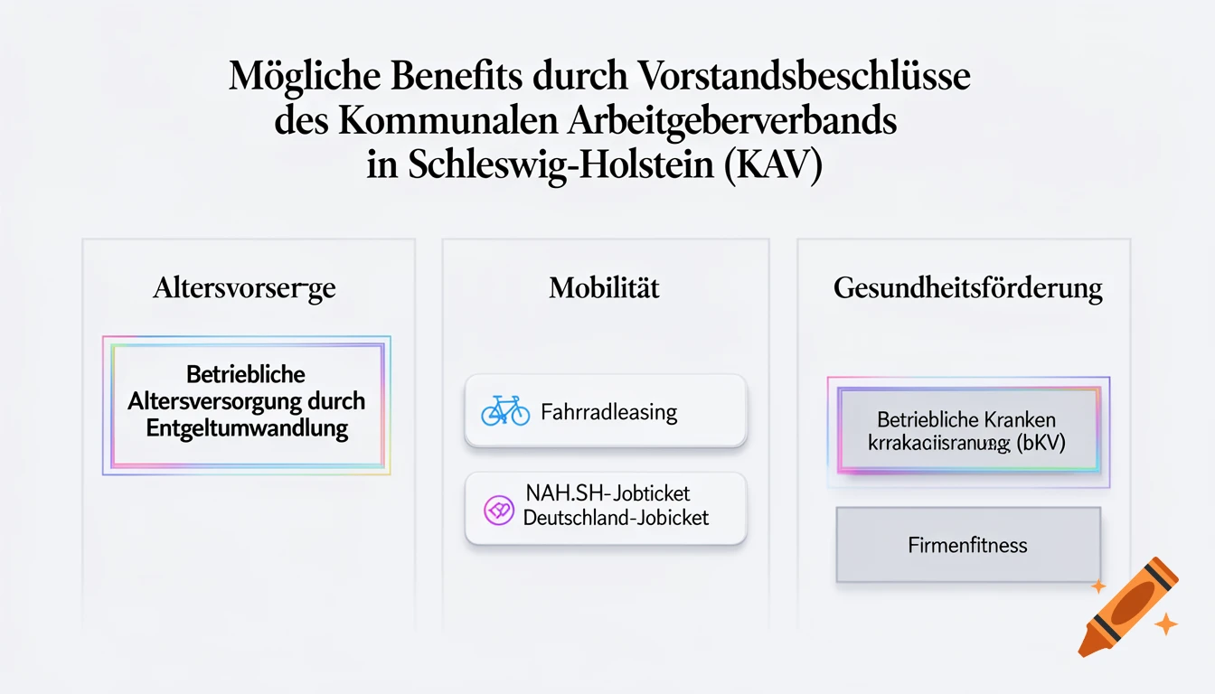 A white chart with a black title in German, 'Mögliche Benefits durch Vorstandsbeschlüsse des Kommunalen Arbeitgeberverbands in Schleswig-Holstein (KAV)'. Below are three columns: 'Altersvorsorge', 'Mobilität', and 'Gesundheitsförderung', each with related sub-options in boxes, some with icons.