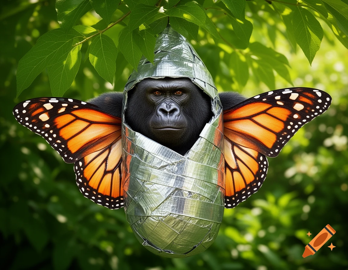 Photorealistic gorilla head emerging from a duct tape cocoon with monarch butterfly wings, hanging from a tree branch.