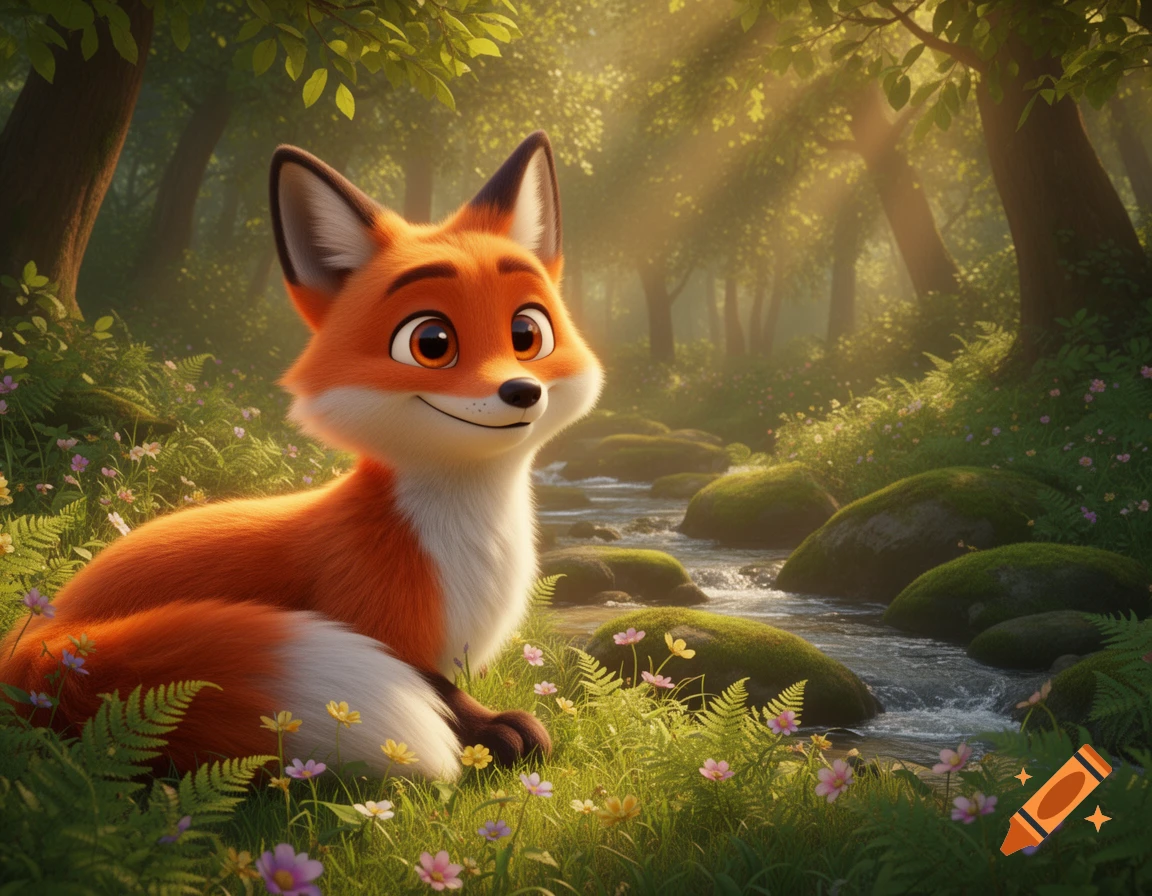 A cute 3D animated fox with a relaxed smile sits in a sunlit forest among wildflowers next to a stream.