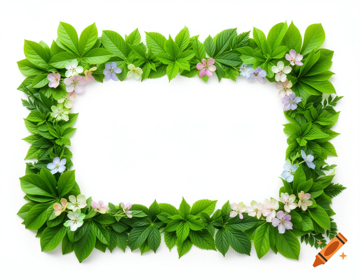 A rectangular frame composed of various green leaves and small, delicate pink, white, and blue flowers on a white background.
