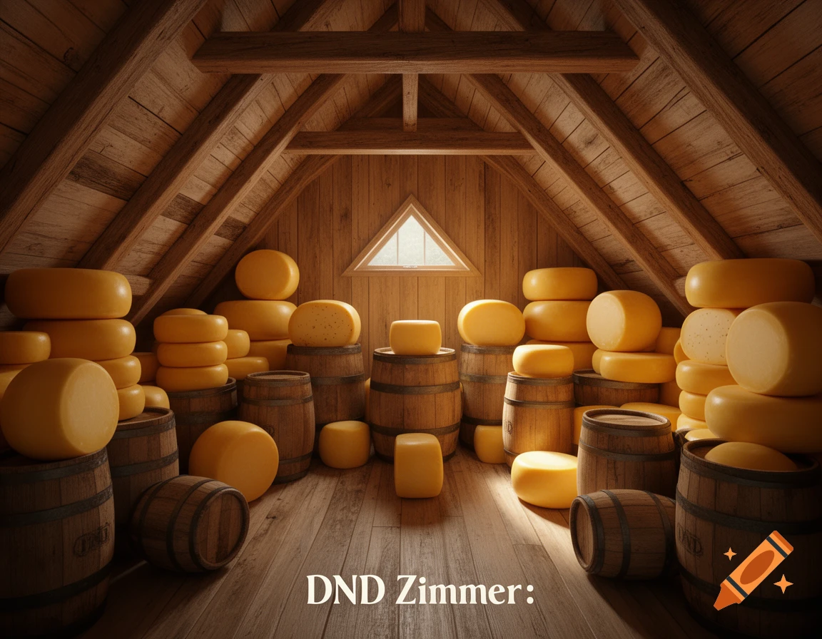A photorealistic wooden attic full of stacked cheese wheels and barrels, lit by a triangular window, with "DND Zimmer:" on the floor.