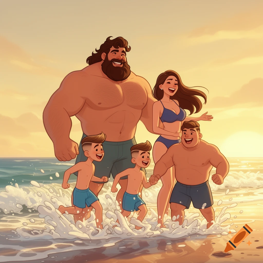 Animated family of four, including two men, a woman, and two boys, smiling and splashing in the ocean at sunset.