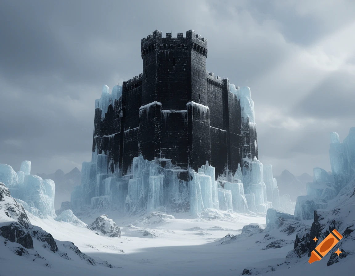 A massive dark stone fortress covered in ice stands in a vast, snow-covered arctic landscape under a cloudy sky.