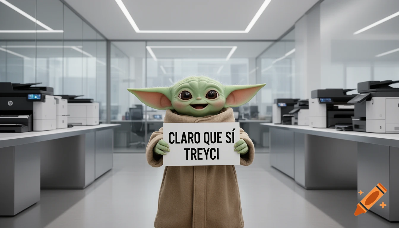 Grogu, from The Mandalorian, smiles and holds a sign saying 'CLARO QUE SÍ TREYCI' in a modern office with HP printers.