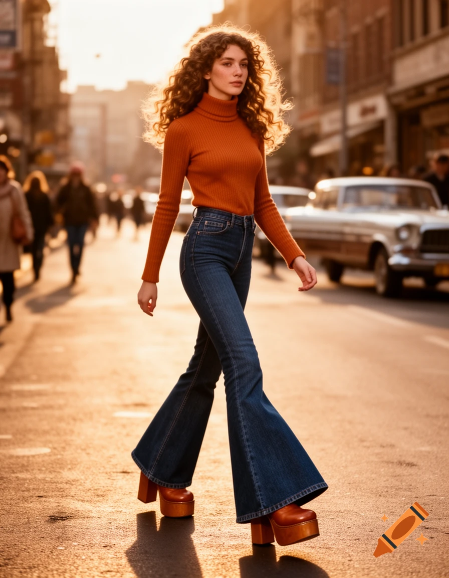 A woman in an orange turtleneck, blue bell-bottoms, and platform shoes walks down a sunlit city street.