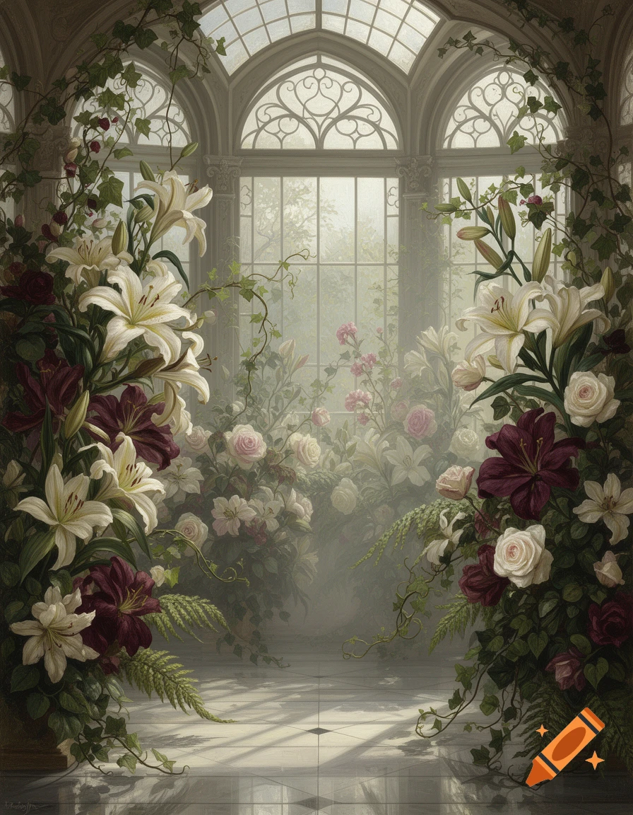 A lush Edwardian-style conservatory filled with white lilies, red and pink roses, and ivy, bathed in soft light from large arched windows.