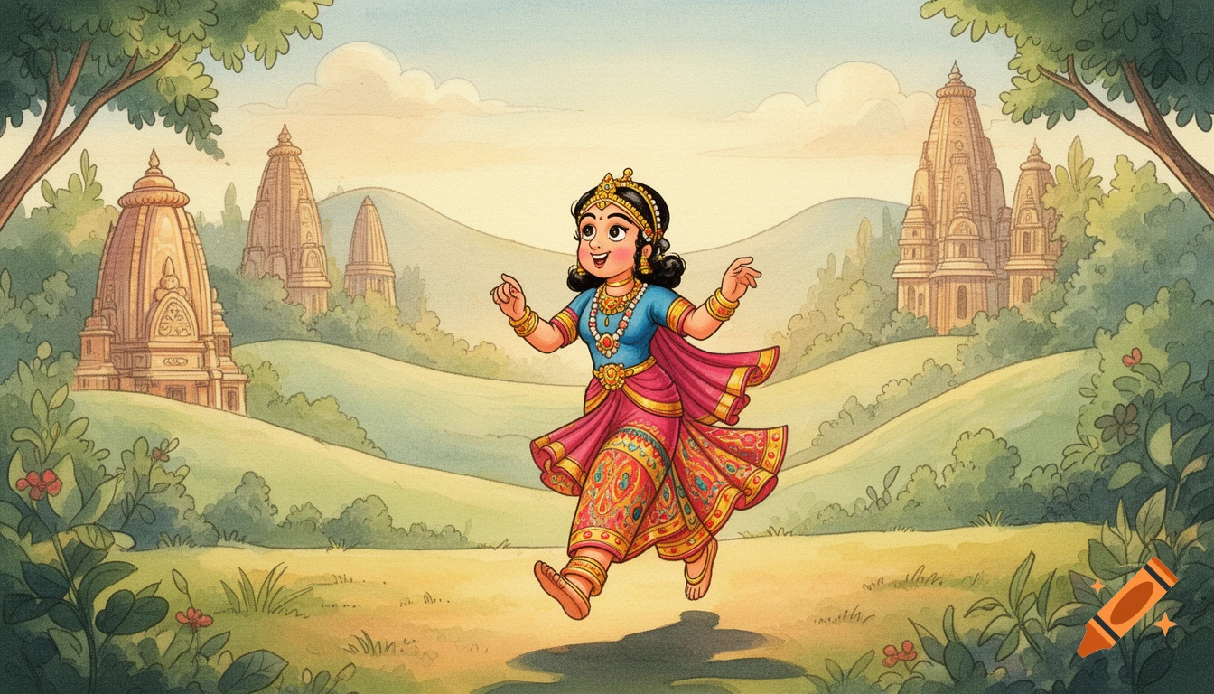 A happy Indian cartoon girl in traditional attire runs through a vibrant watercolor landscape with temples, in a 90s animation style.