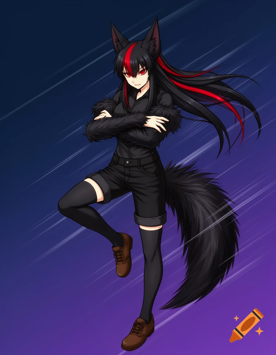 Anime-style canine humanoid with black fur, red eyes, and a red hair stripe, wearing black clothes and brown shoes, posed against a blue-purple gradient background.