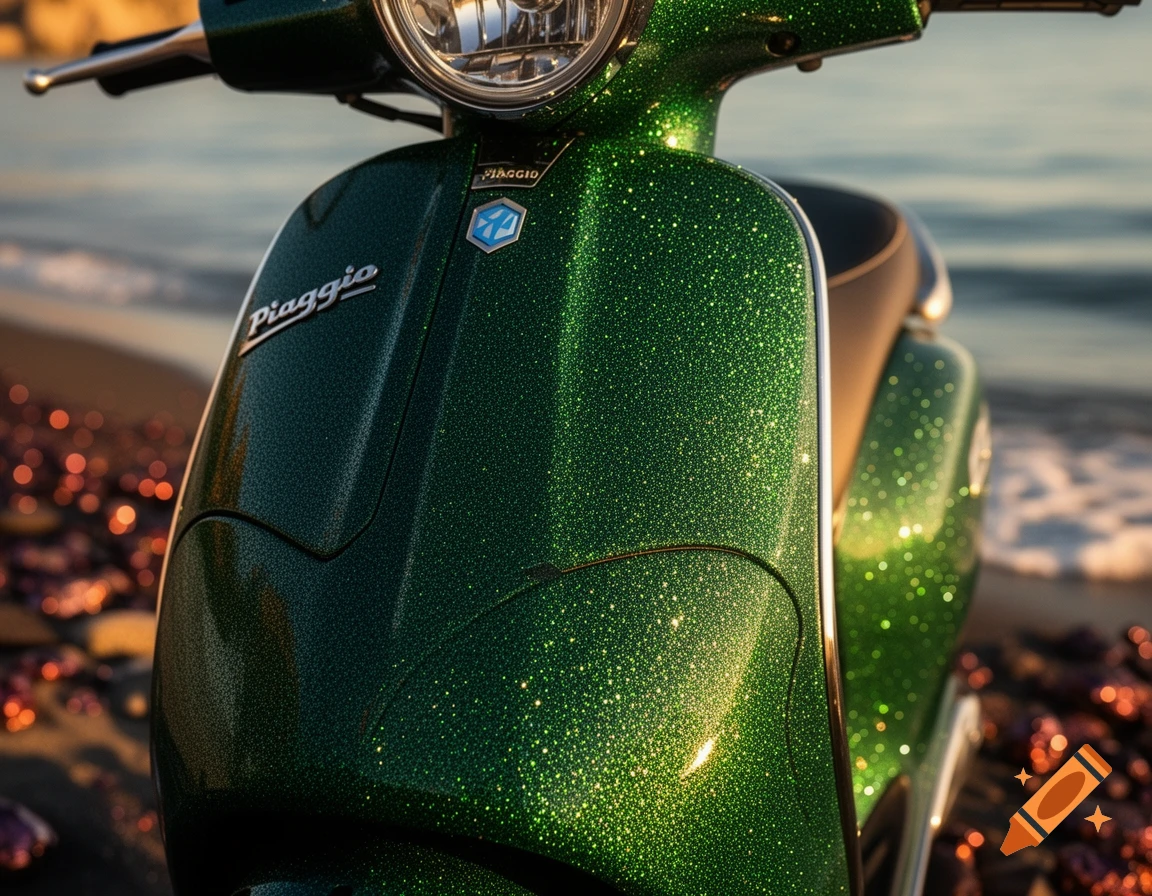 Close-up of a dark green, glittery Piaggio scooter parked on a beach with the ocean in the background.