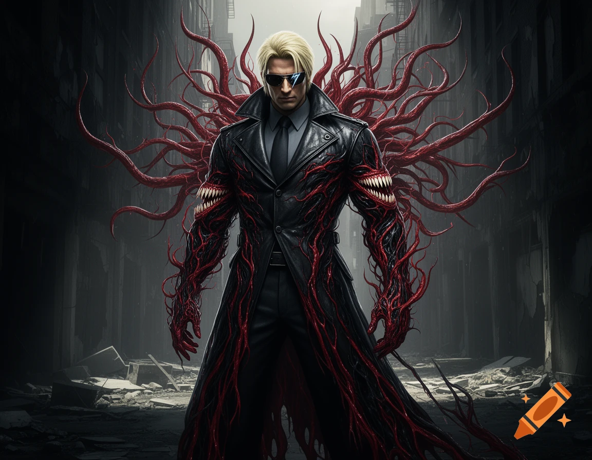 A man with blonde hair and sunglasses wears a black trench coat, partially covered in red symbiotic tendrils with sharp teeth, standing in a dark, ruined city.