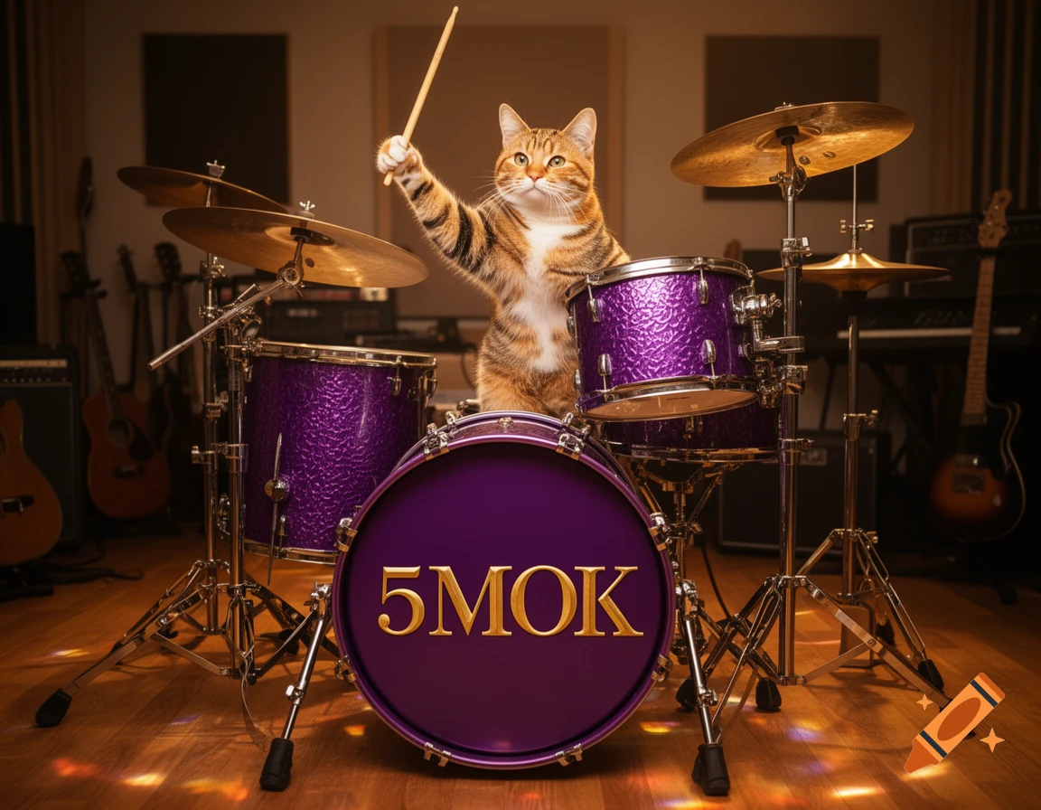 A photorealistic tabby cat plays a purple drum kit with '5MOK' in gold on the bass drum in a music studio.