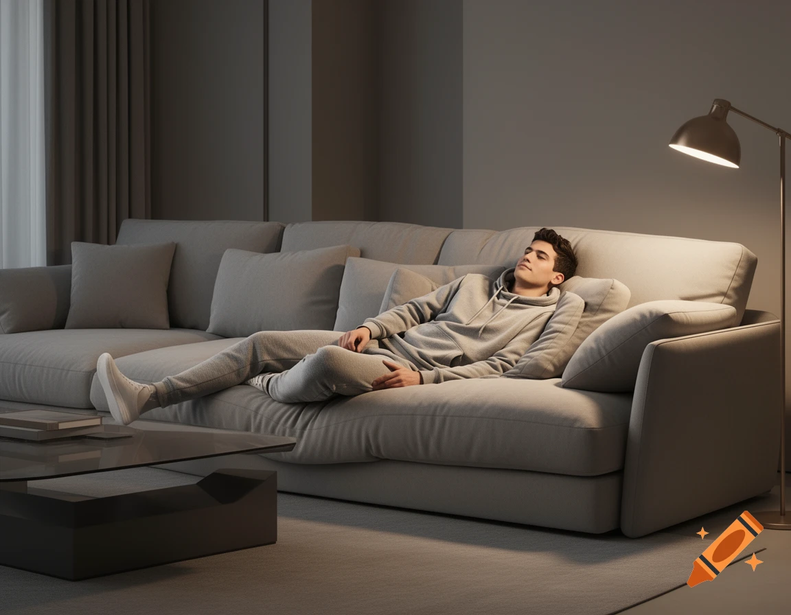 Man in a grey tracksuit resting on a large sofa in a dimly lit modern living room, illuminated by a floor lamp.