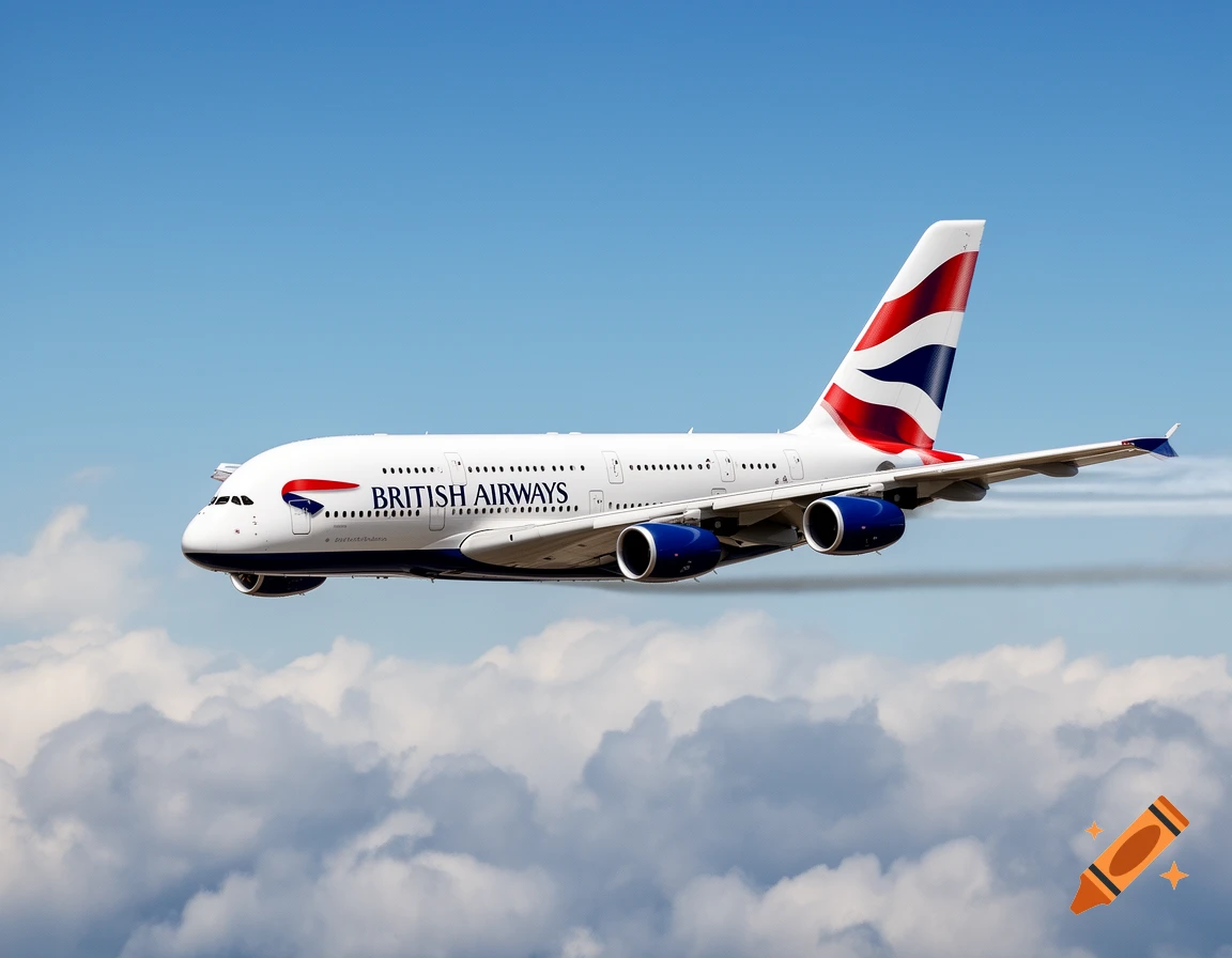 A British Airways Airbus A380 airplane flying above white clouds in a blue sky.