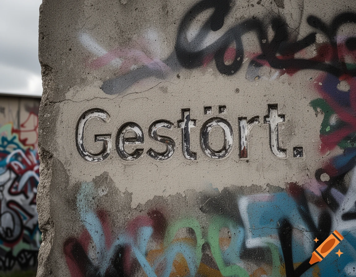 Photorealistic image of a concrete wall with the word 'Gestört.' carved into it, covered in colorful graffiti.