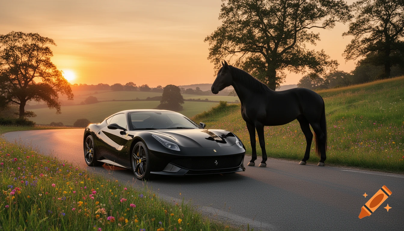 Black Ferrari sports car parked next to a black horse on a road in a scenic green countryside at sunset.