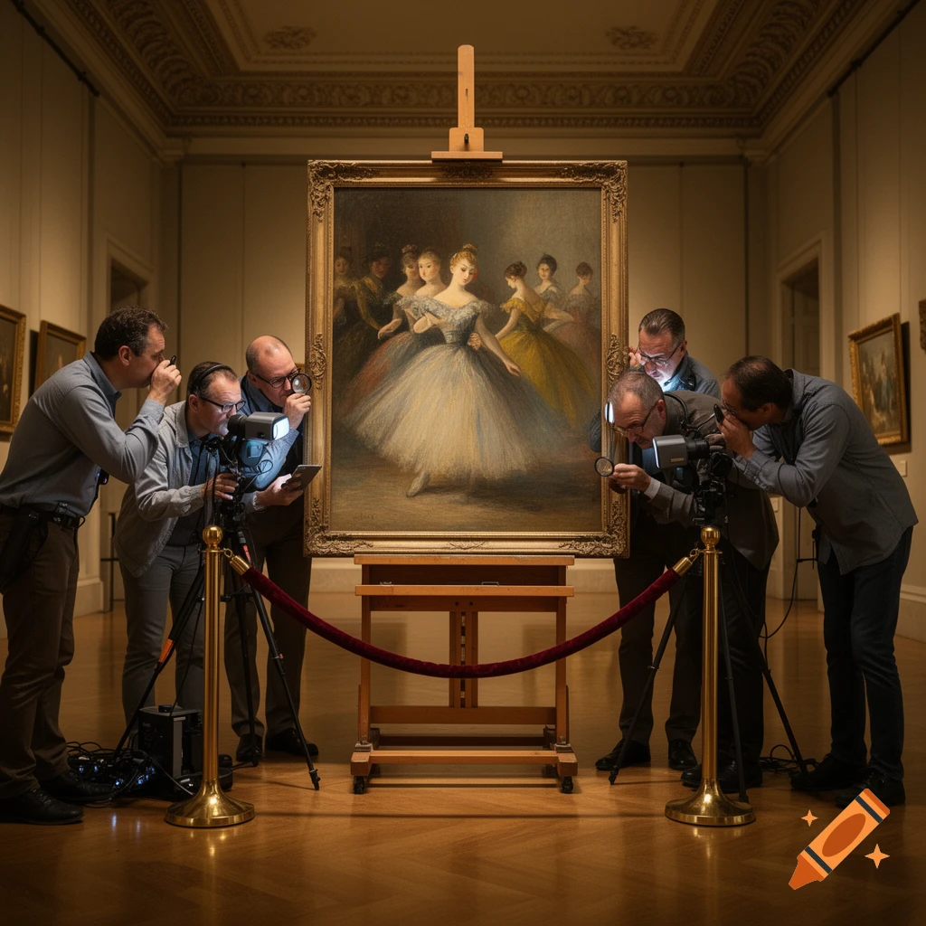 Several men in a museum closely examine a large framed painting of ballerinas with magnifiers, cameras, and lights.