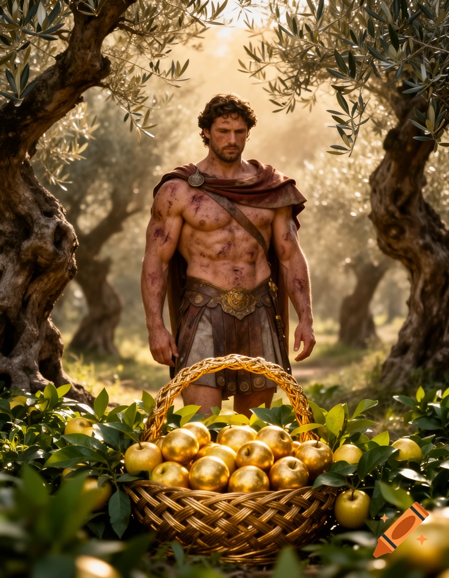 A muscular man in a cloak and skirt stands under olive trees, looking down at a basket of golden apples in a sunlit grove.