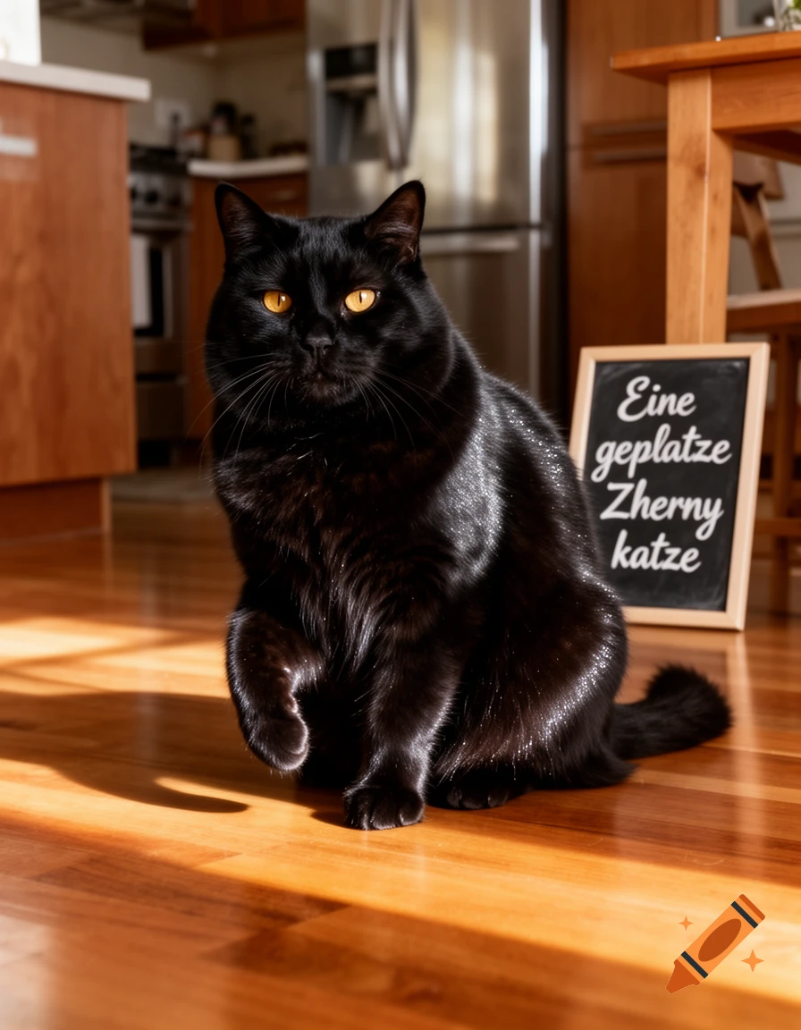 A fluffy black cat with bright yellow eyes sits on a polished wooden floor next to a small blackboard in a sunlit kitchen.