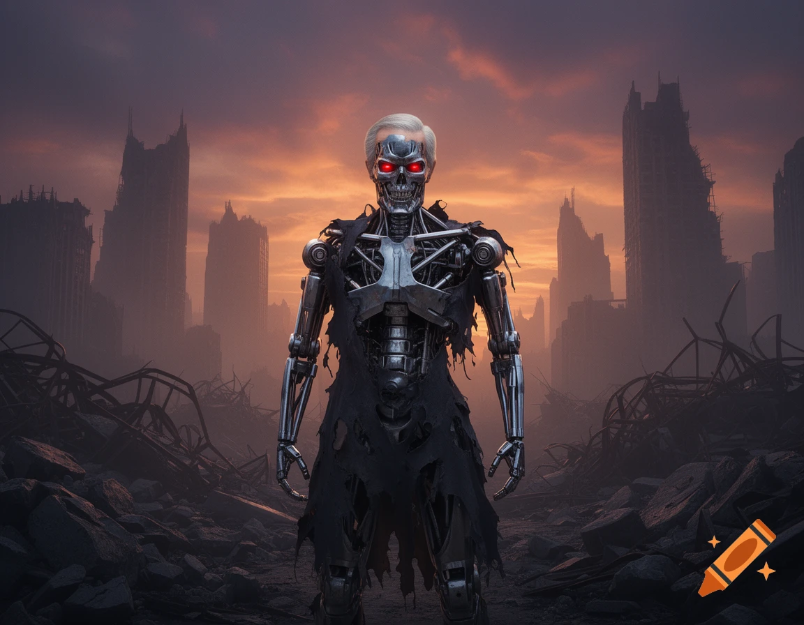 A robot with a metallic face, red eyes, and white hair, dressed in torn black fabric, stands in a desolate ruined city under an orange sky.