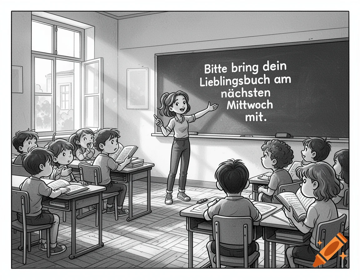 A black and white comic illustration of a young teacher pointing at a blackboard in a classroom filled with students, who are reading.