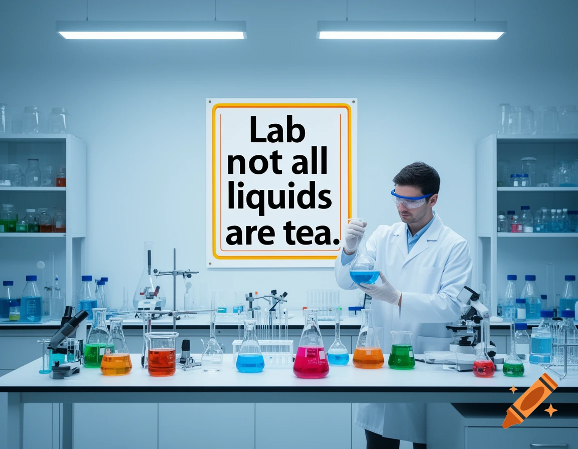 A scientist in a lab coat pours blue liquid in a photorealistic laboratory setting with colorful beakers and a sign that reads 'Lab not all liquids are tea.'