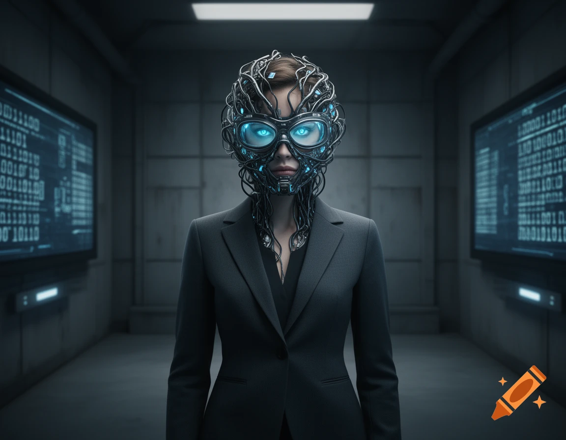 A woman in a dark suit wears an intricate cybernetic mask with glowing blue eyes, standing in a dim, futuristic room with screens displaying binary code.