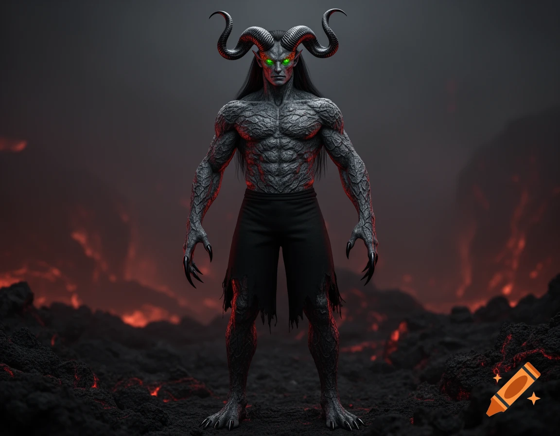 A formidable, muscular, horned demon with scaly skin and glowing green eyes stands in a dark, fiery volcanic landscape.
