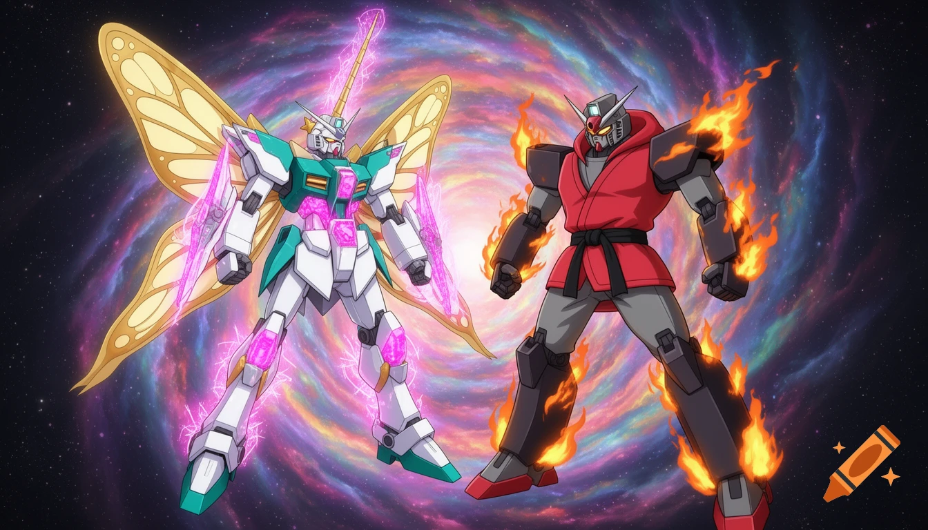 Anime-style fanart of two mechs, one white and teal with golden butterfly wings and pink glow, the other red and gray with fire, in a cosmic rift.