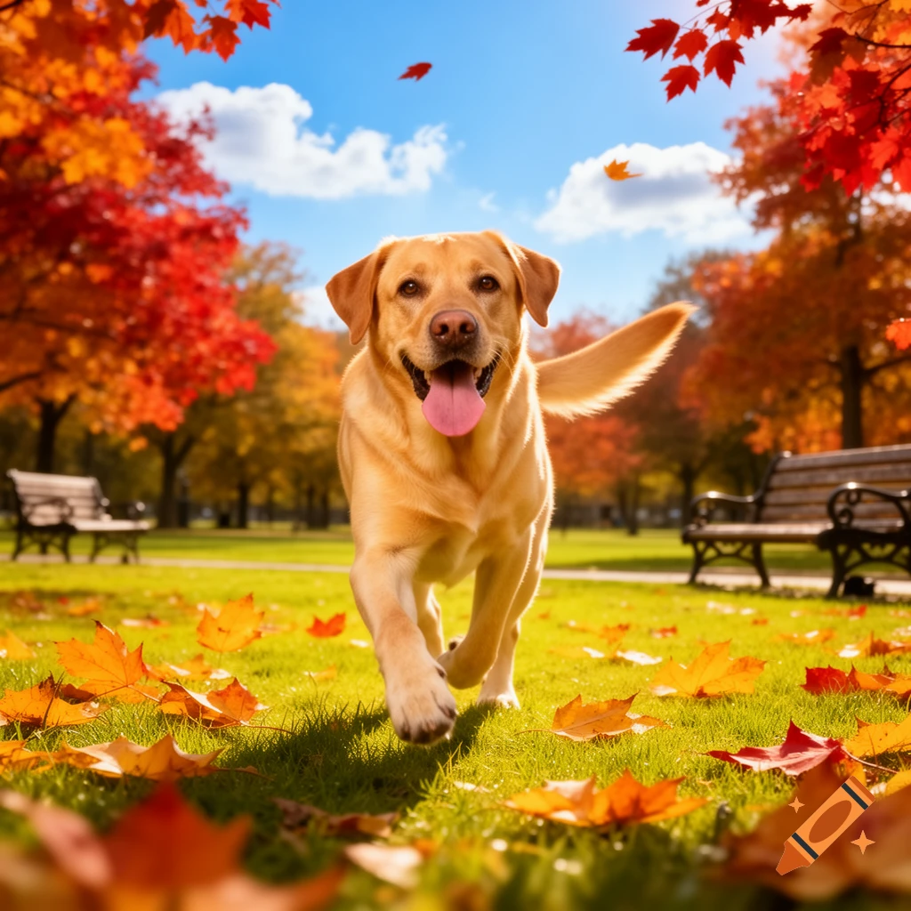 A happy golden Labrador runs through a sunny park filled with vibrant red and orange autumn leaves.