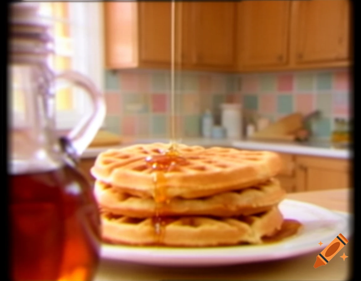 Syrup pours onto a stack of waffles in a blurry, low-quality commercial style kitchen scene.