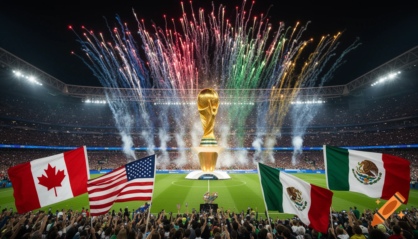A packed football stadium at night, with a golden World Cup trophy on the field and colorful fireworks exploding above. Canadian, US, and Mexican flags wave among the cheering crowd.