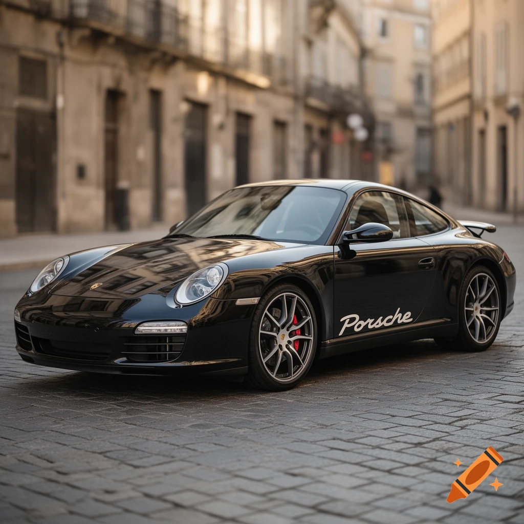 A black Porsche 997.2 sports car with "Porsche" script on its side, parked on a cobblestone street.